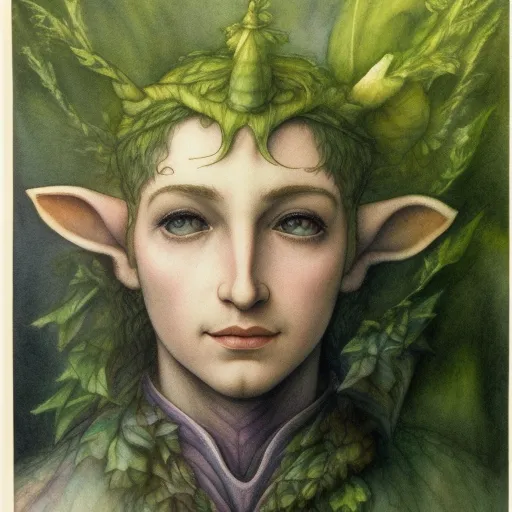 brian froud water color pencil drawing wide set eyes, strong jaw, wide nose, sloped forehead, huge elf ears brian froud labyrinth fern vine twigs grass flowers heath