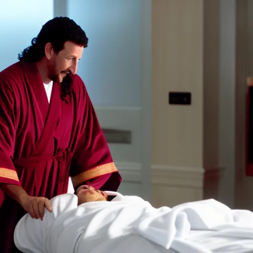 Adam sandler shaking hands with jesus christ in a robe over an operating table during surgery