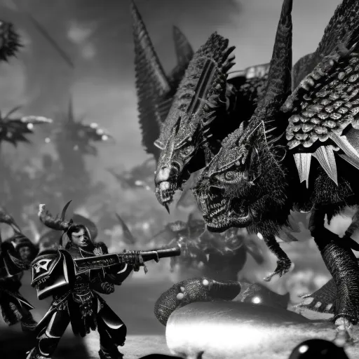 warhammer 40k winged hive tyrant black and white realistic high definition action scene battle