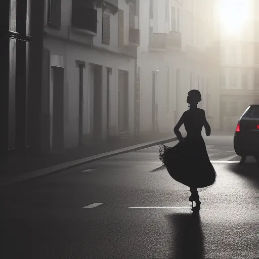 dark smokey silhouette of woman dancing in street digital art